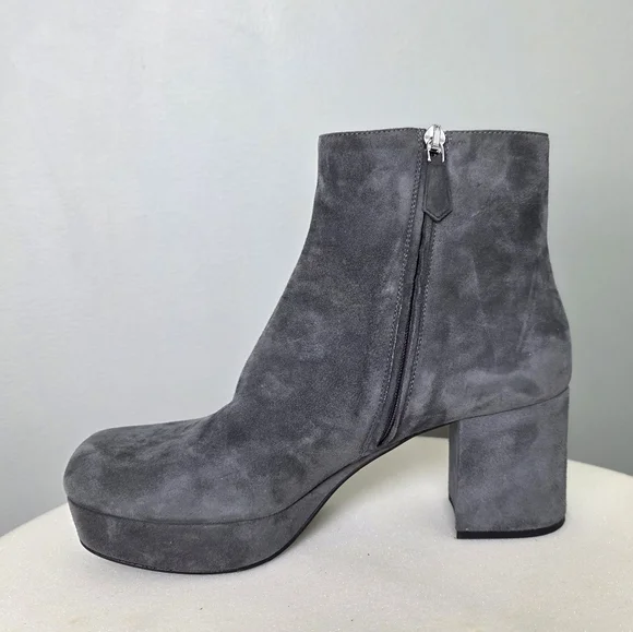PRADA Grey Suede Platform Retro Block Chunky Heel Ankle Bootie Round Toe 38 - Picture 5 of 14